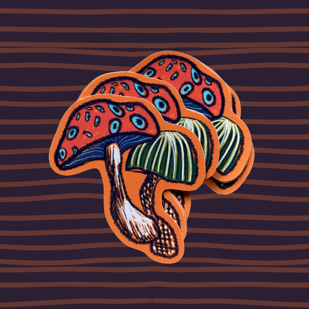 Whimsical Stickers: wolf with love mug, vase with tulips and mushrooms Design