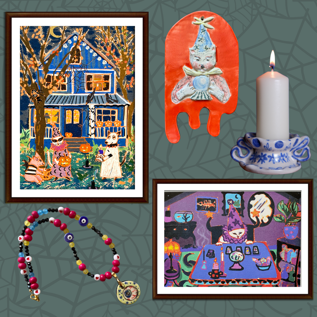 Halloween Party Art Print: Whimsical Ghost Dog, Wizard Cat & Spooky Animals