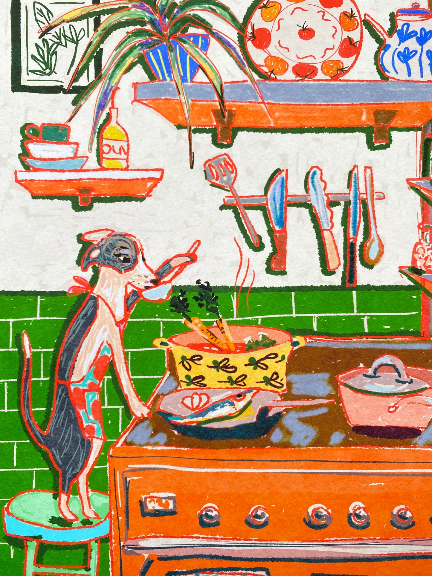 Whimsical Dinner Time Dog Art Print - Chef Kiss Wall Decor
