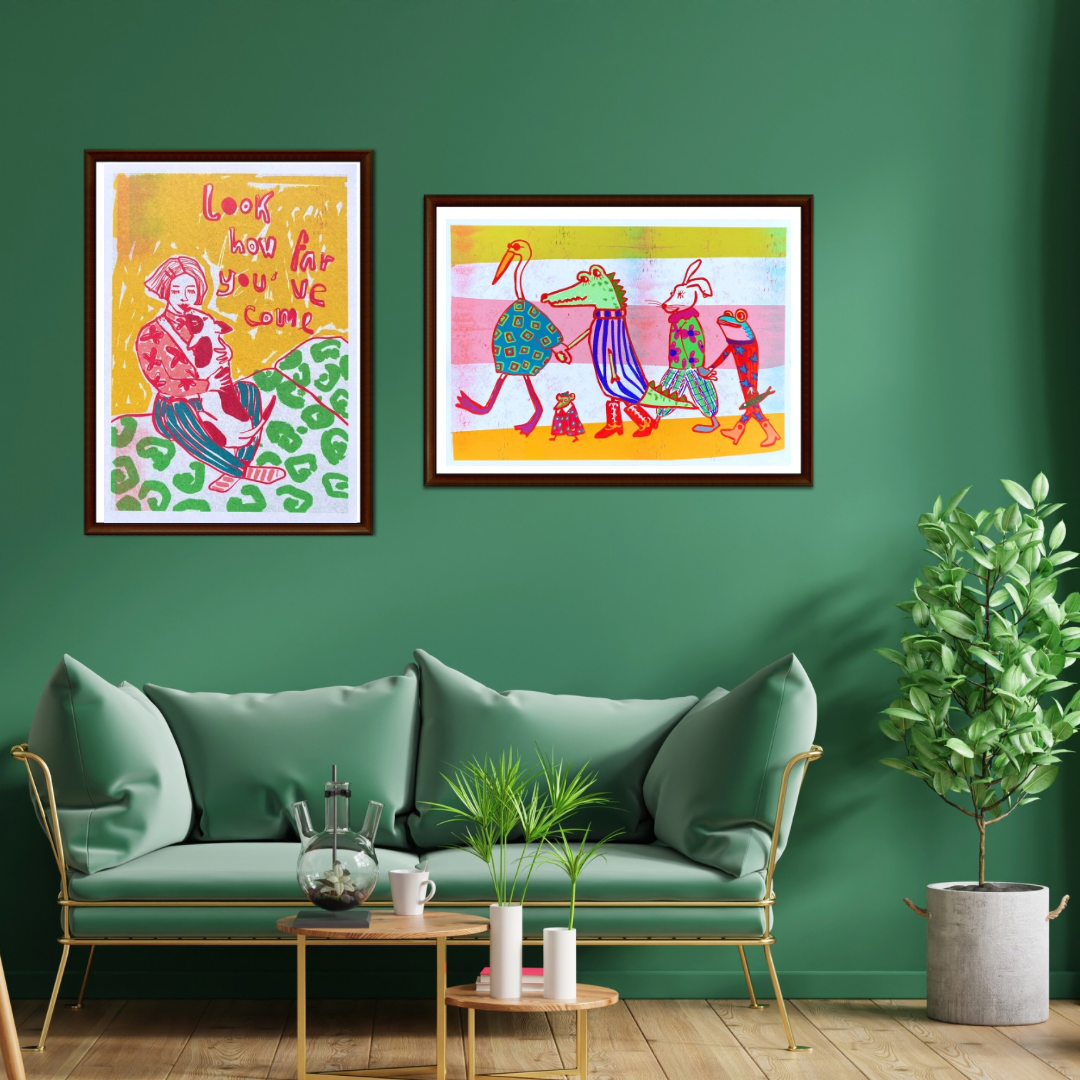 Friendship Animal Art Print - "Besties Walk" featuring sardine, crocodile, bunny, mouse and heron