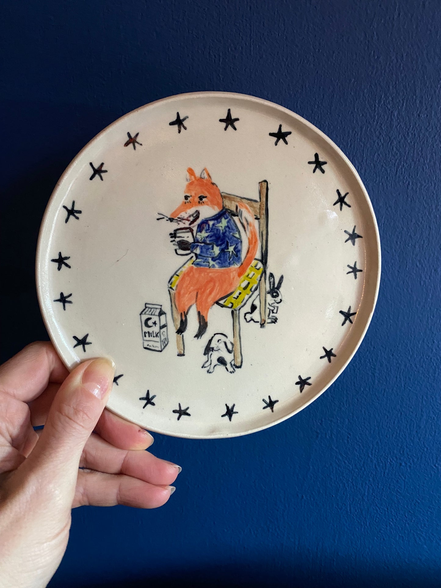 Handcrafted Bedtime Fox and Bunnies Plate - Cute Animal Decor
