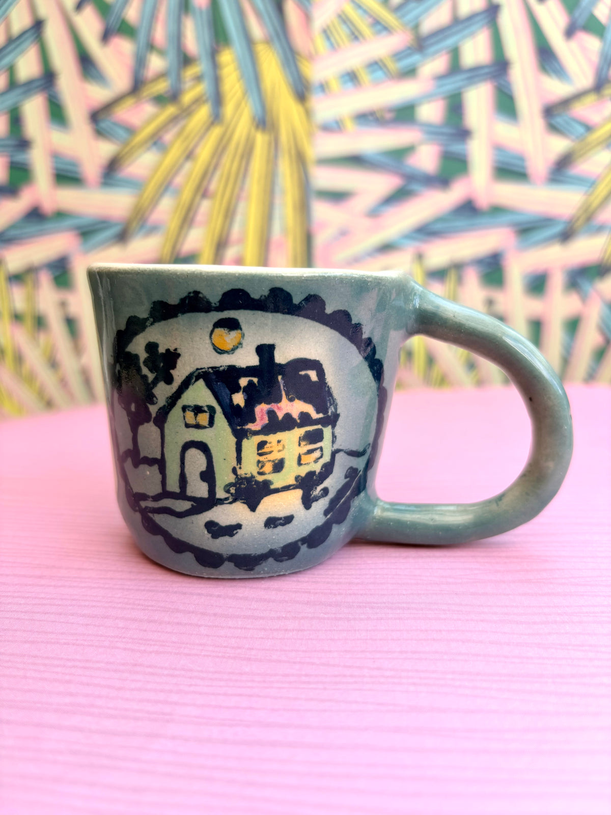 Handmade ceramic Espresso and cappuccino travel mugs and dish with sheep motif
