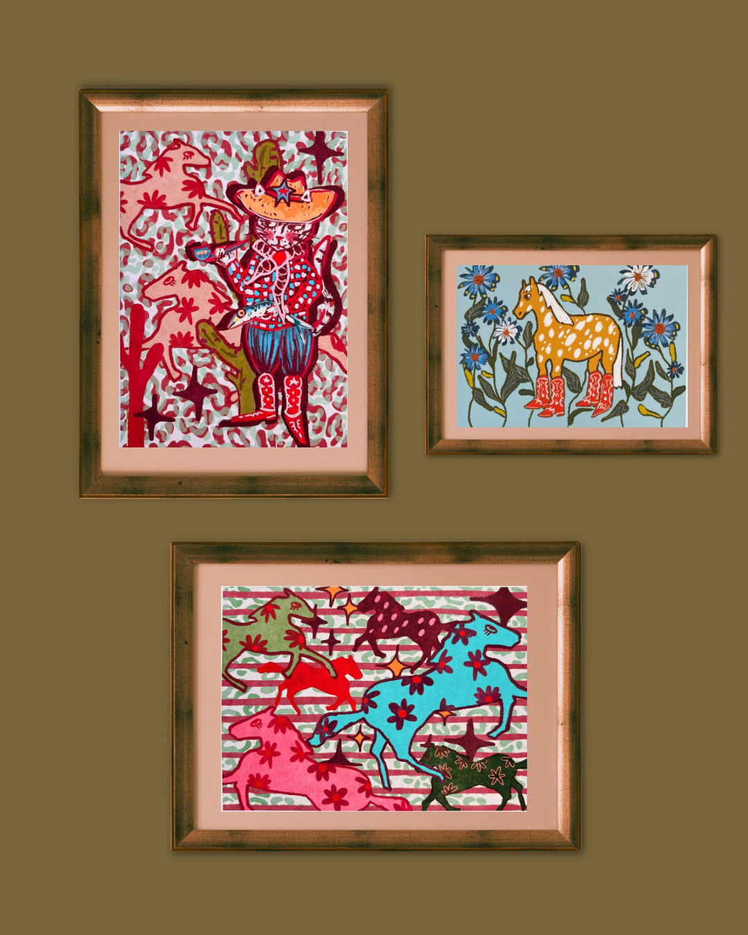 Western Rodeo Wall Art - Colorful Running Horses Print