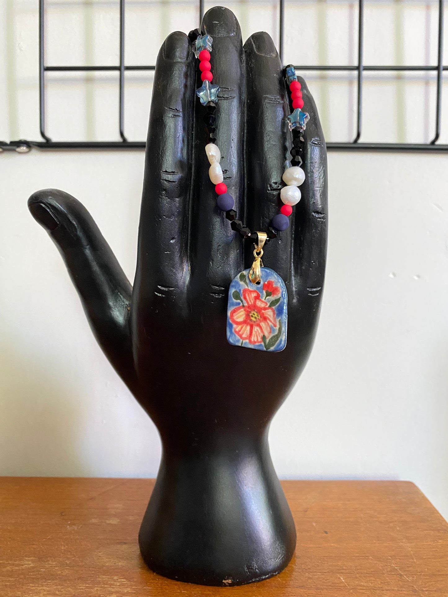 Ceramic red flower charm with freshwater pearls and glass beads necklace