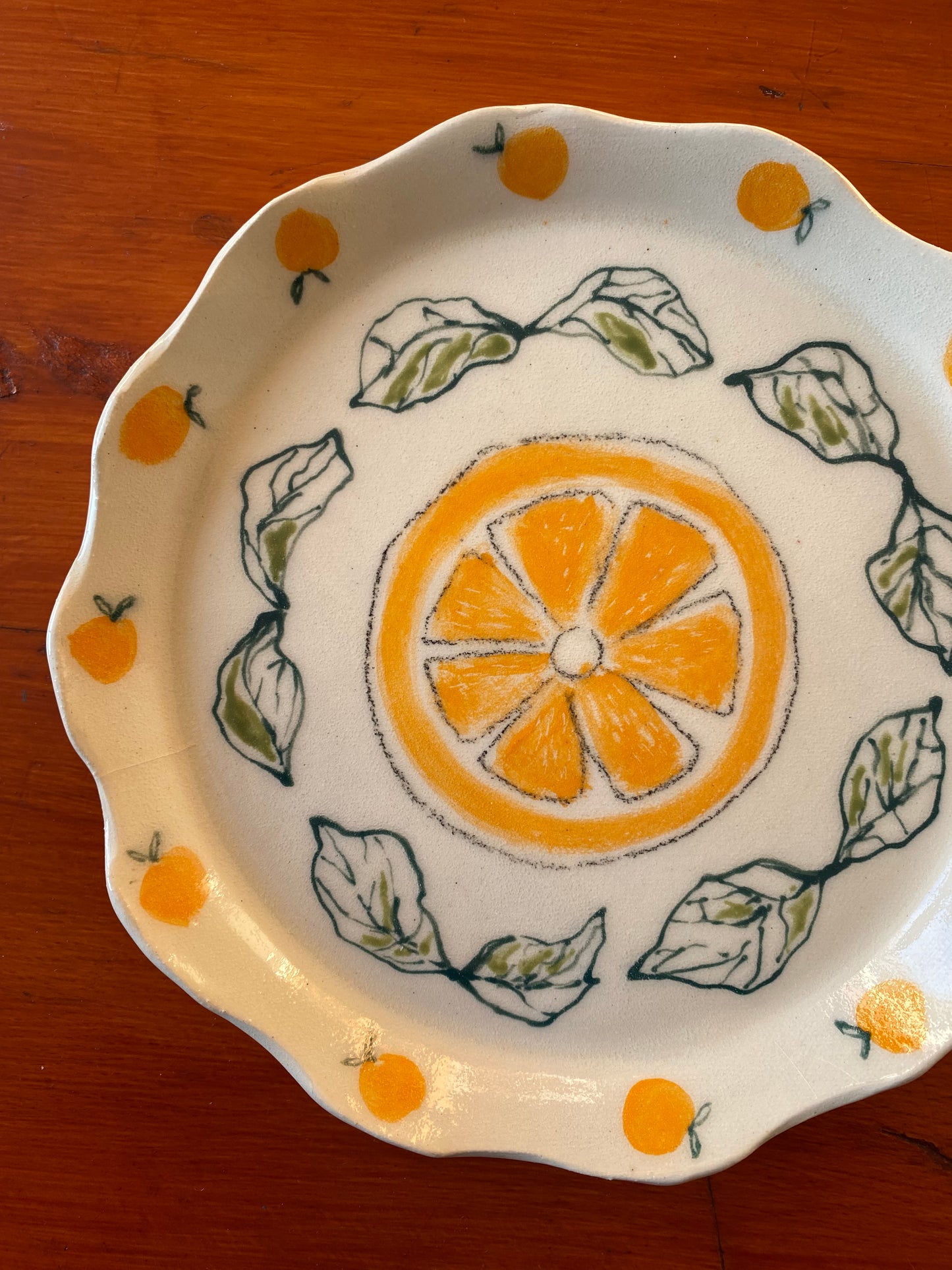 Handmade Delicate Ceramic Plate with Oranges & Leaves