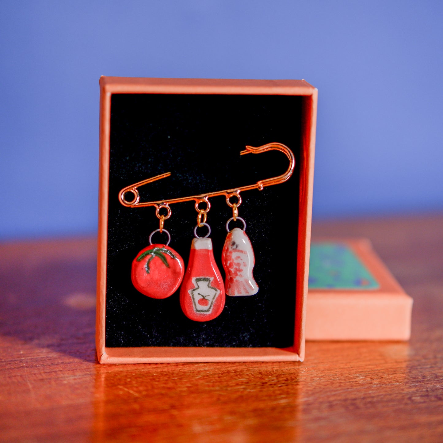 Handmade ceramic sardine, ketchup and tomato gold plated brooch-cute and quirky jewellery