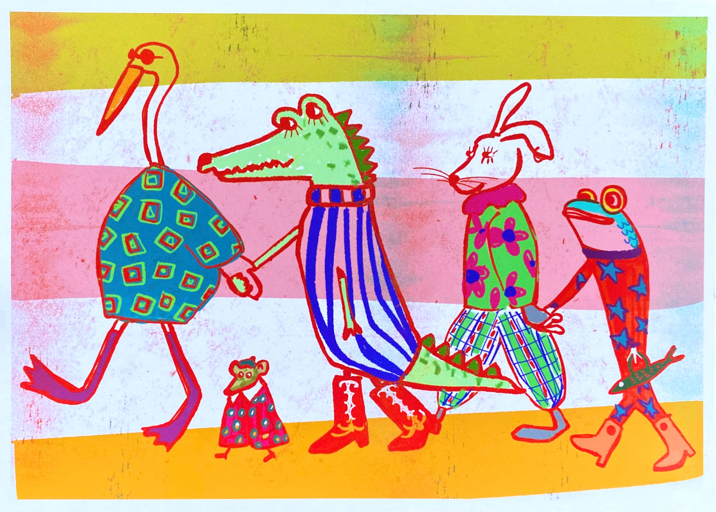 Friendship Animal Art Print - "Besties Walk" featuring sardine, crocodile, bunny, mouse and heron