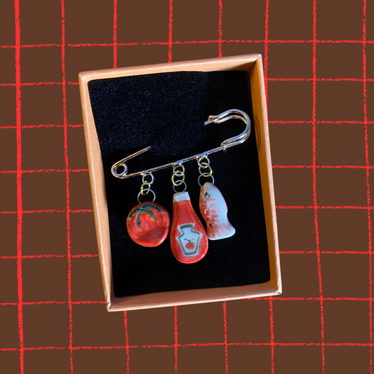 Handmade ceramic sardine, ketchup and tomato gold plated brooch-cute and quirky jewellery