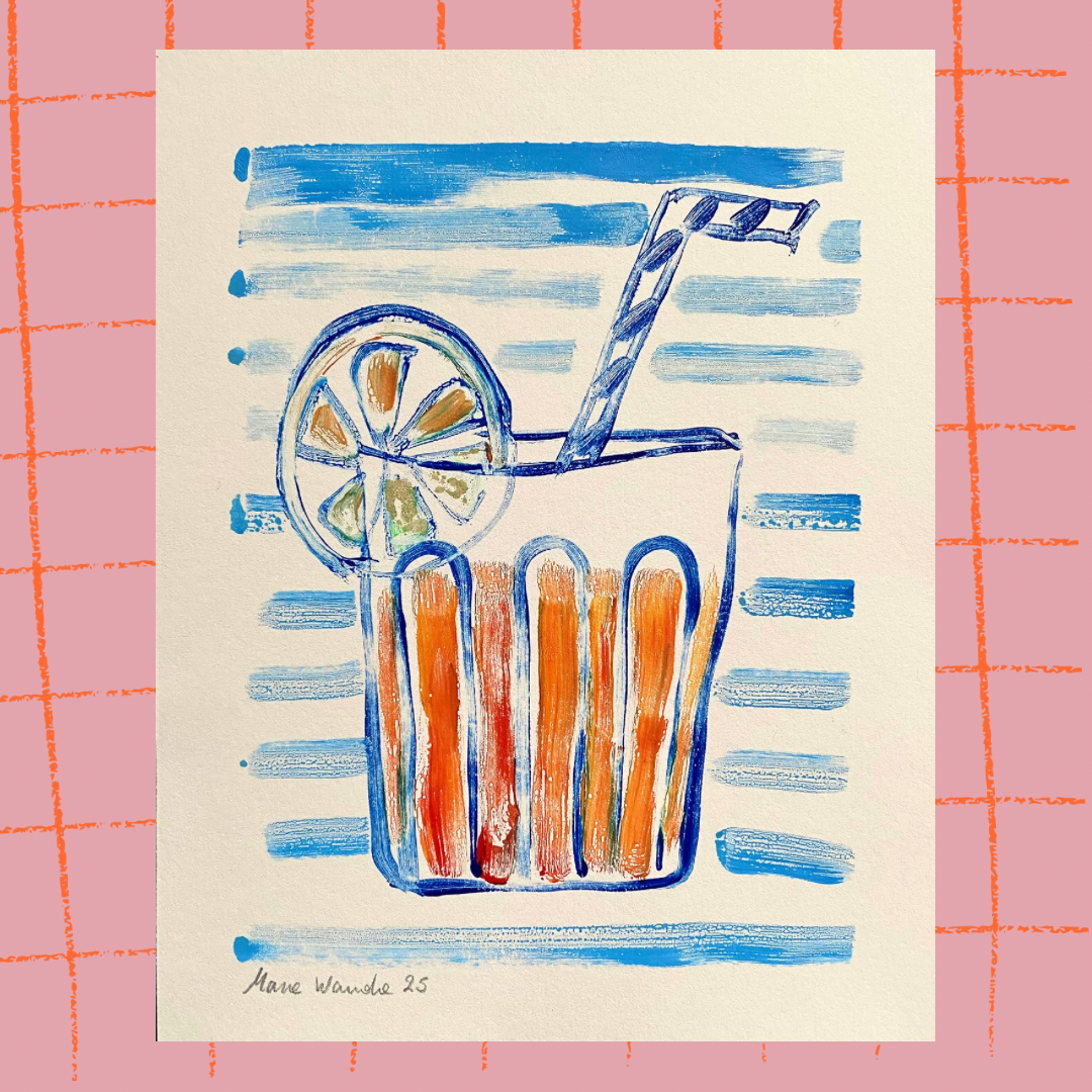 Handmade Negroni cocktail ink Monotype original print