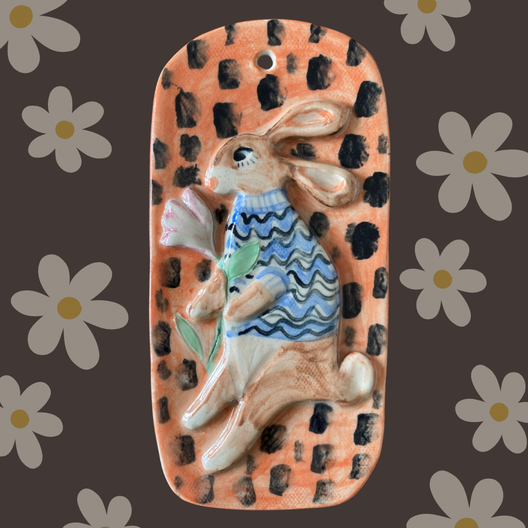 Ceramic Spring Bunny Wall Art with Delicate Flower Accent