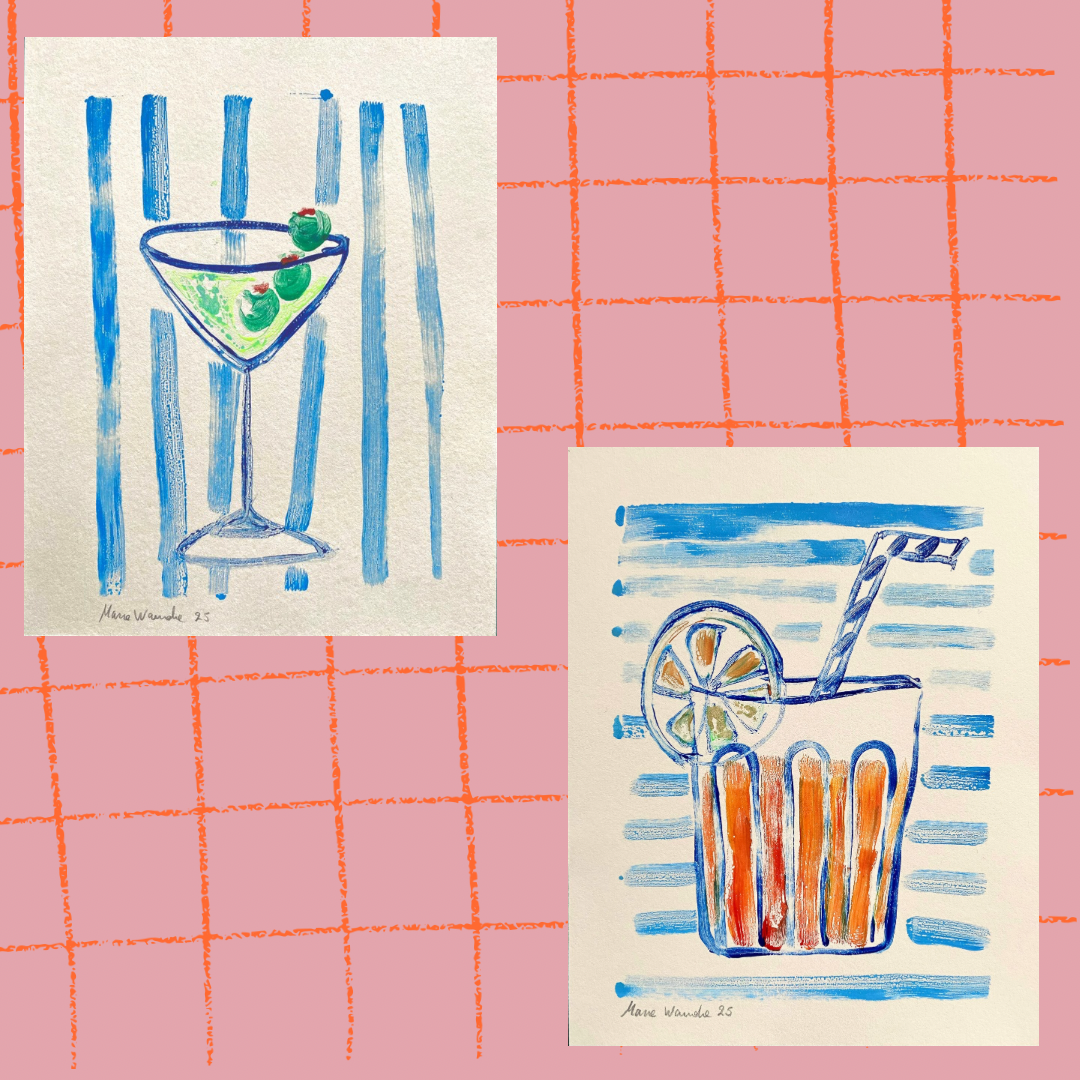 Handmade Negroni cocktail ink Monotype original print
