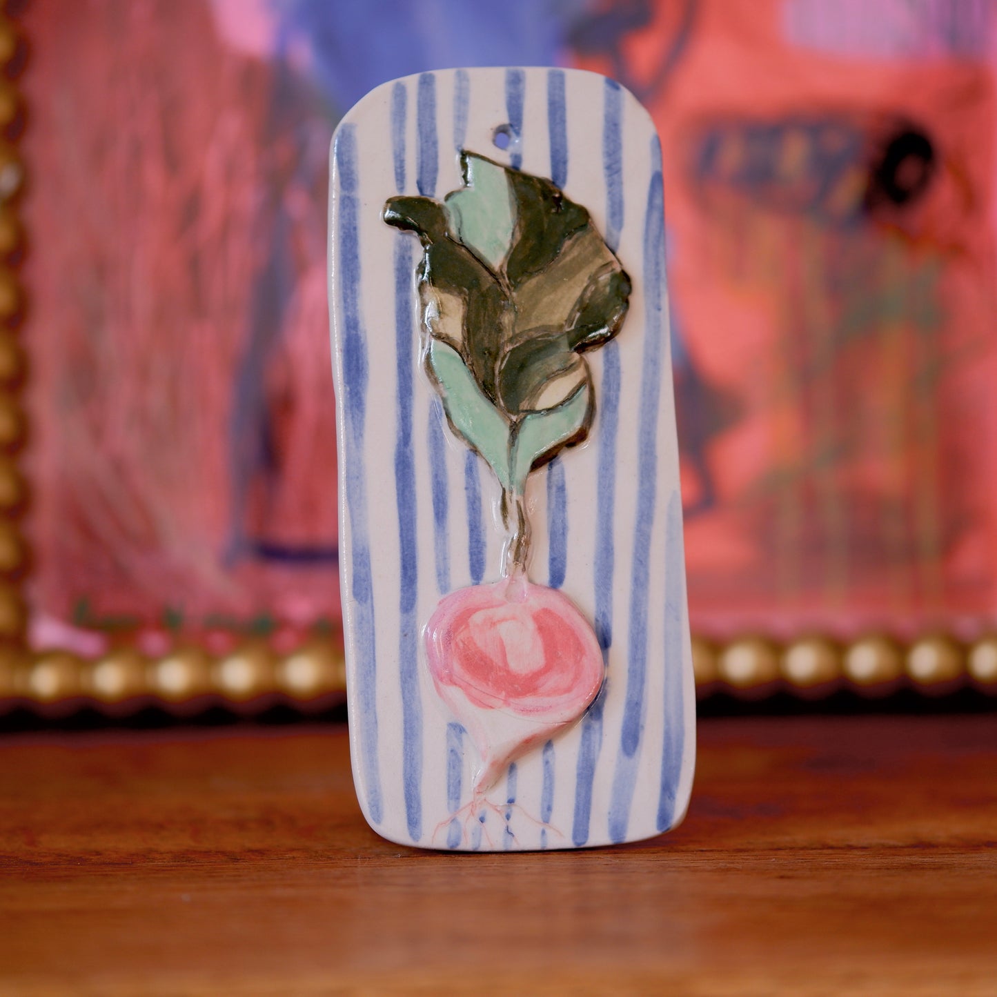 Handcrafted Ceramic Radish and stipes Wall Decor for the veggie lover