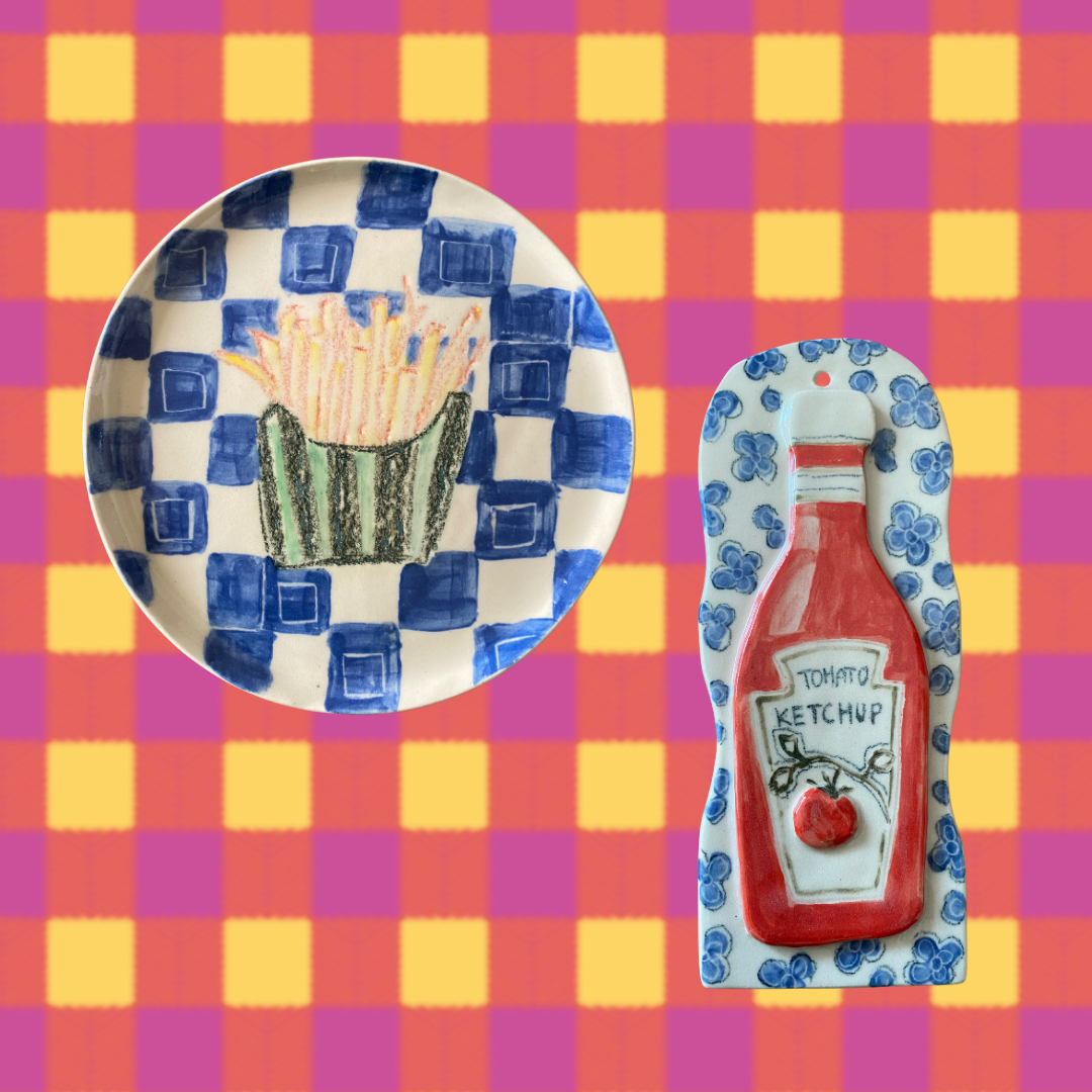 Handmade Ceramic Plate with French Fries and Checks Design