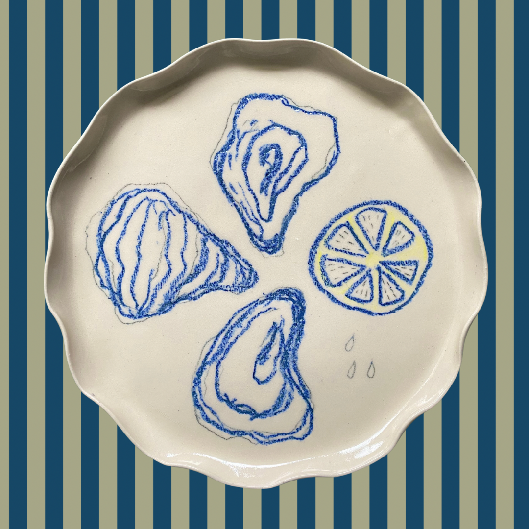 Handmade oysters and lemons scalloped ceramic plates