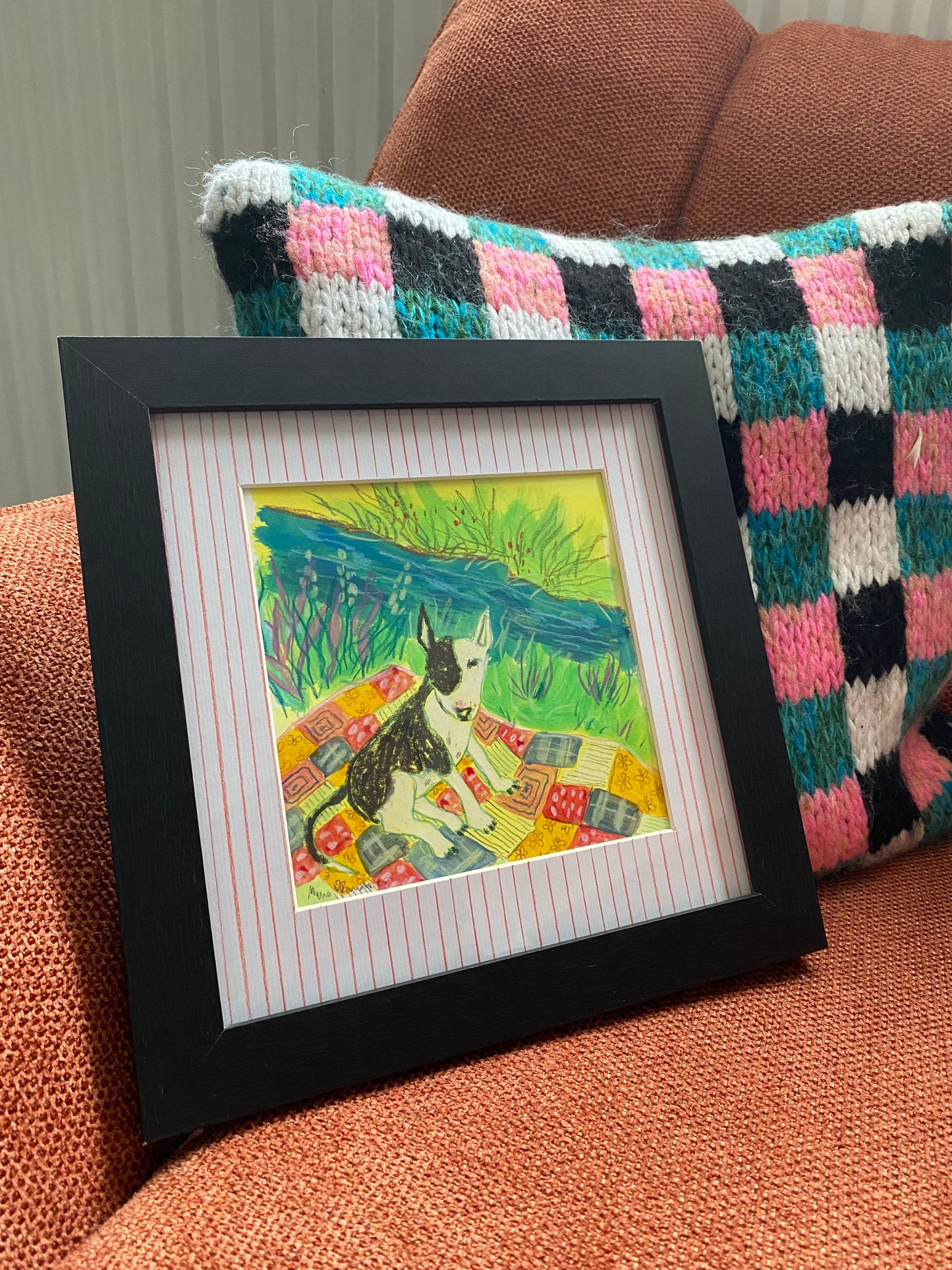 River Pup: Ink, pencil and pastel bull terrier original painting - framed