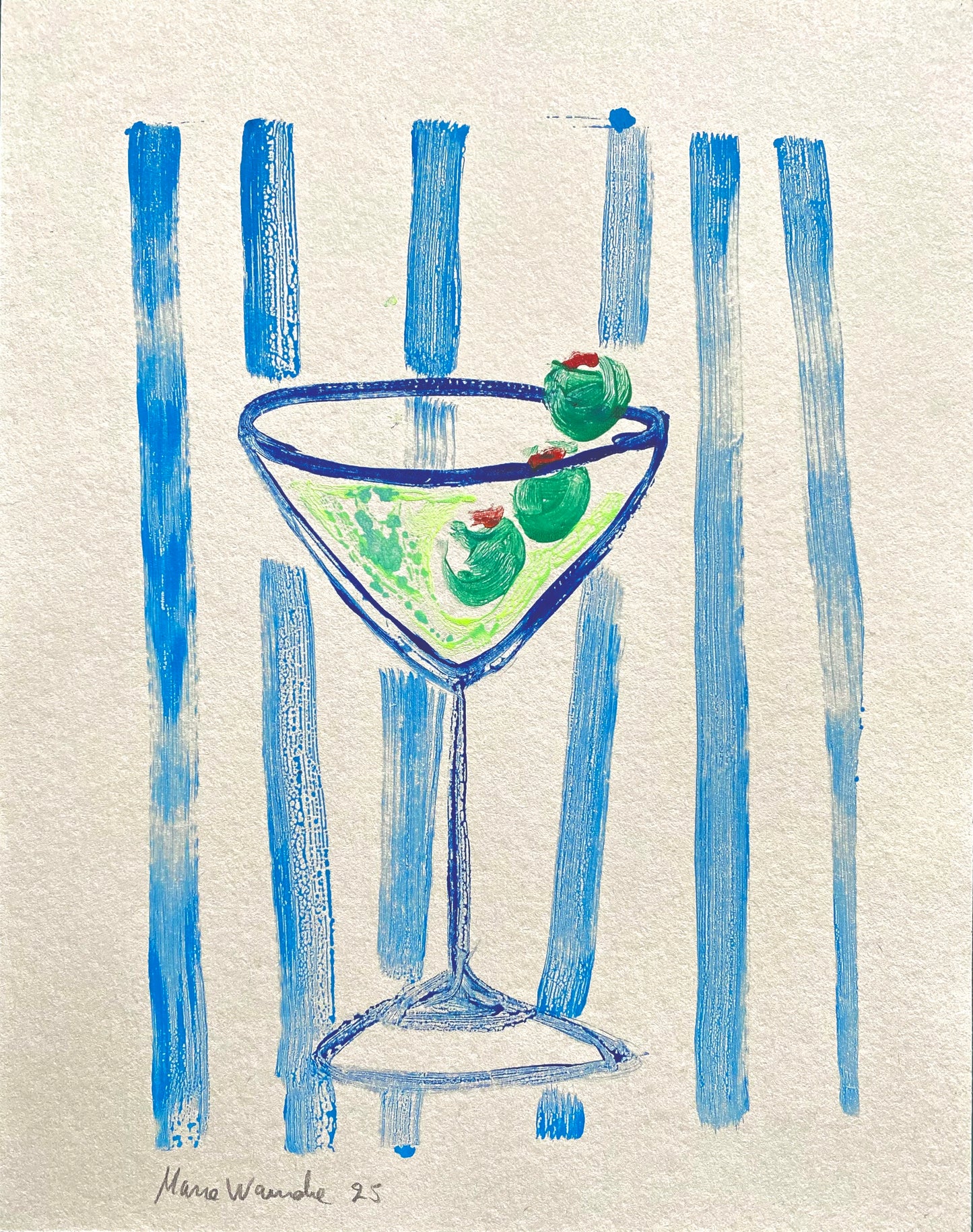 Handmade Martini cocktail ink Monotype original print