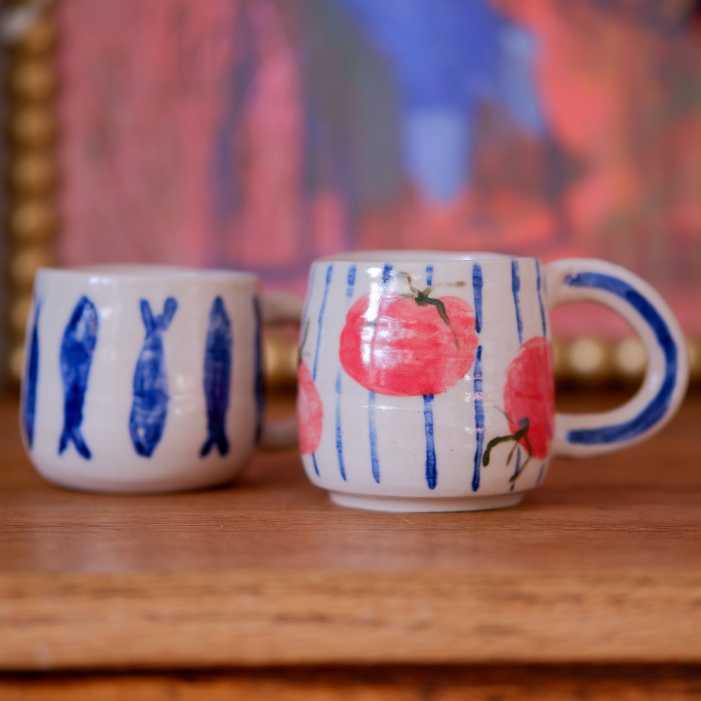 Handmade Stoneware Espresso Cups - Tomato Stripe & Sardines