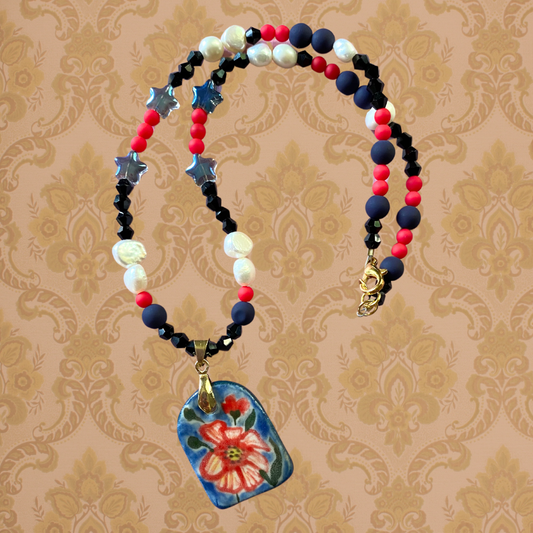Ceramic red flower charm with freshwater pearls and glass beads necklace