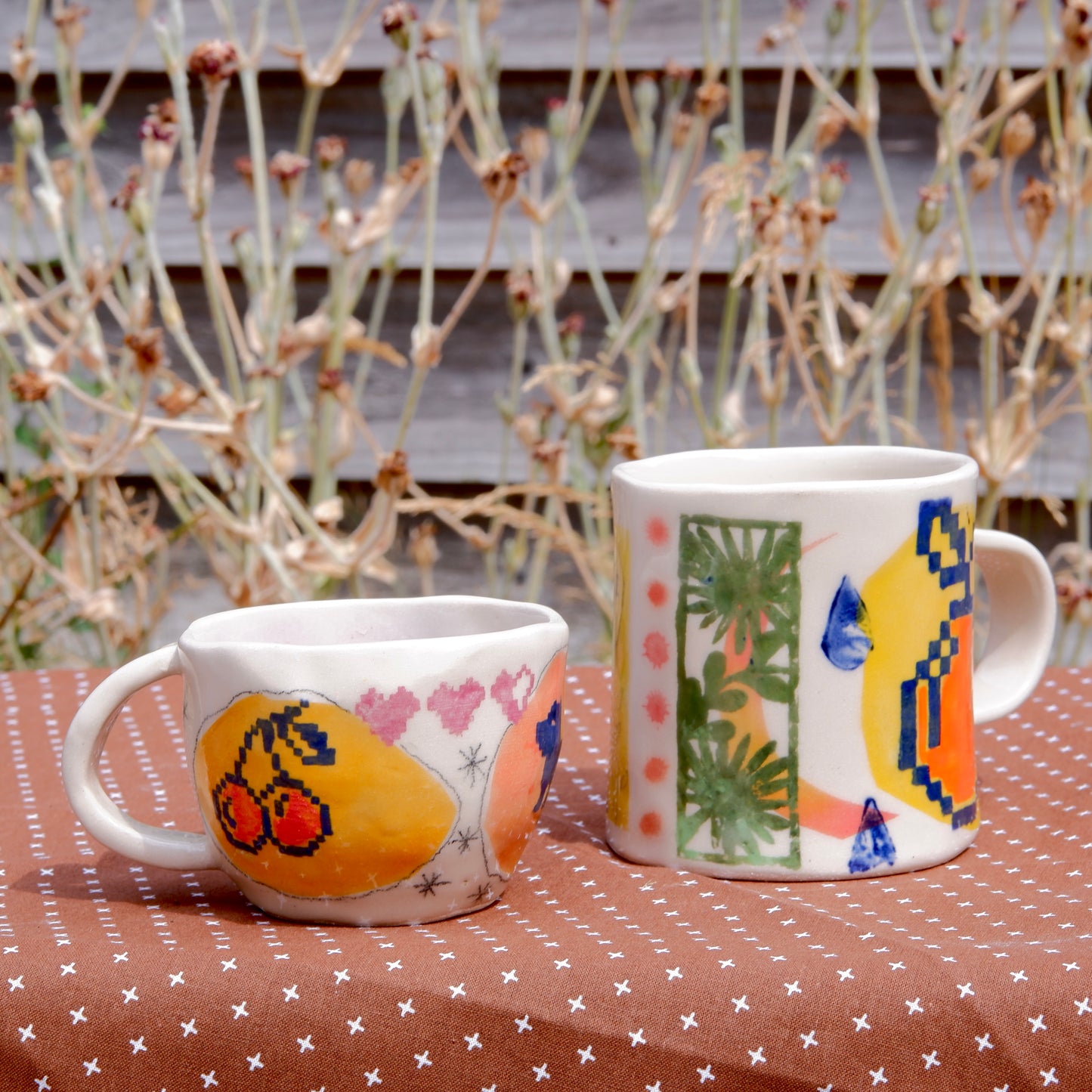 Whimsical Ceramic Cups - Bird & Dog Design