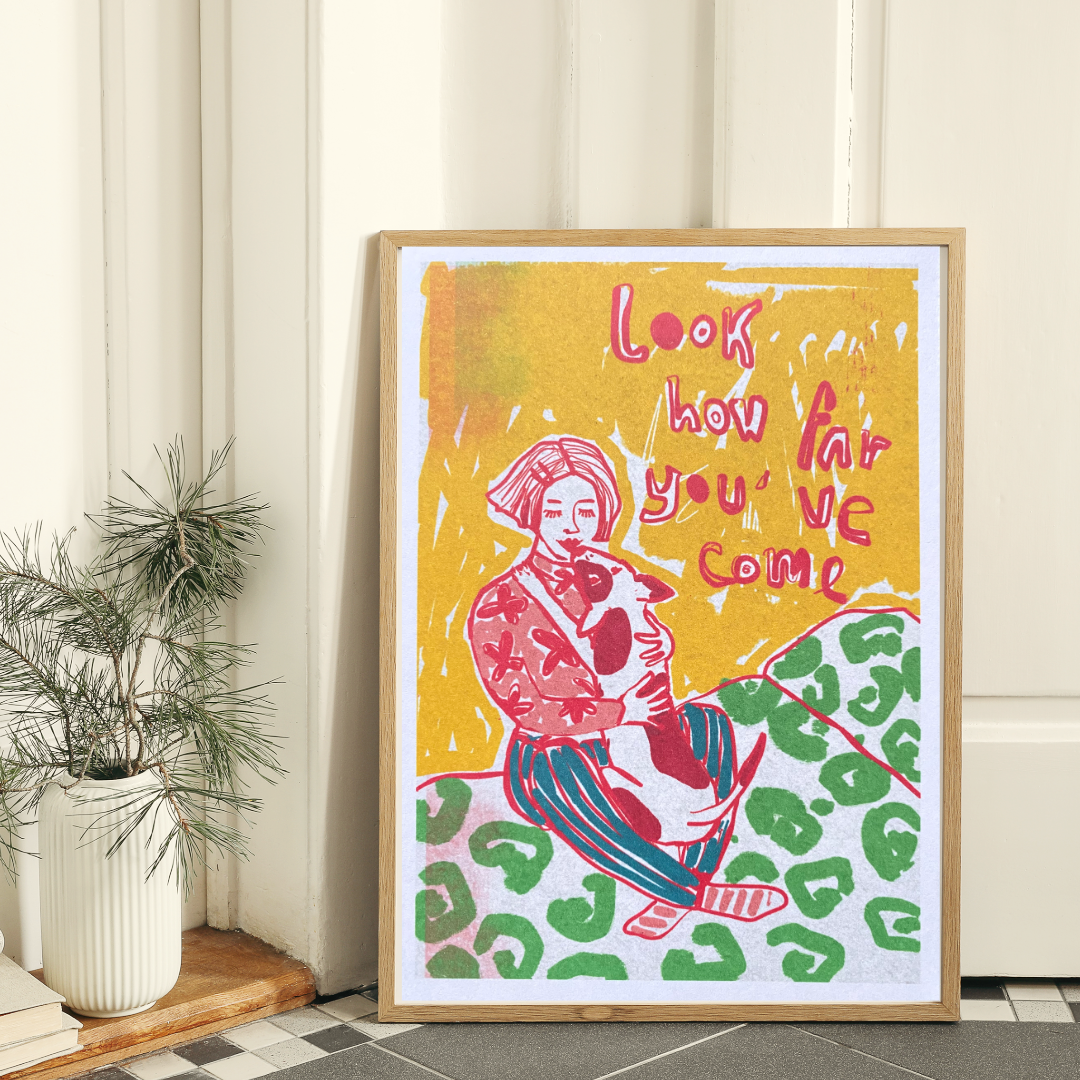 Self care art print - Girl and Dog Hug, Look How Far You've Come quote
