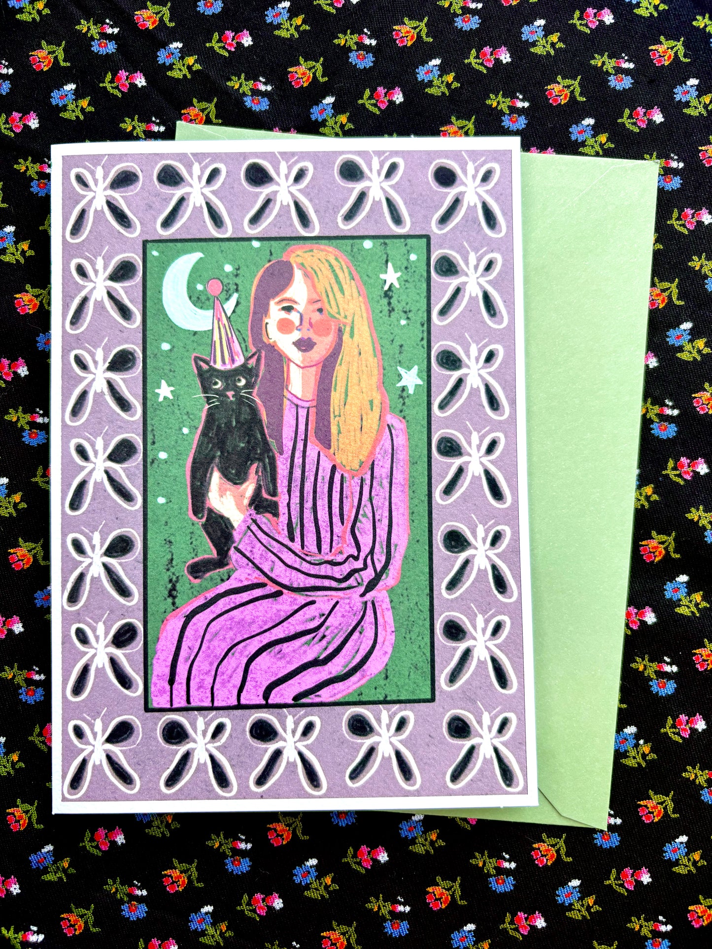 Night Hugs Cat Birthday-Christmas Folk Card