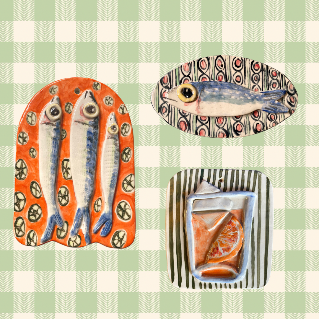 Handmade sardines and lemons farmhouse style ceramic wall hanging tile decor