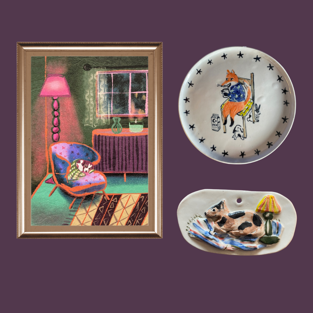 Handcrafted Ceramic Tile Decor with Dog, Blanket, and Lamp