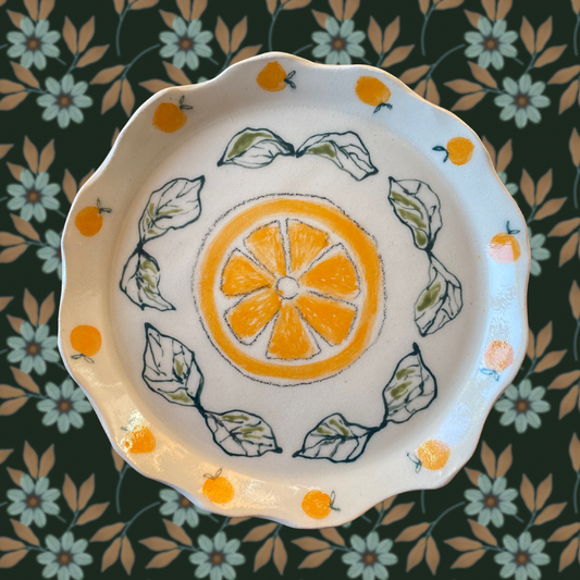 Handmade Delicate Ceramic Plate with Oranges & Leaves