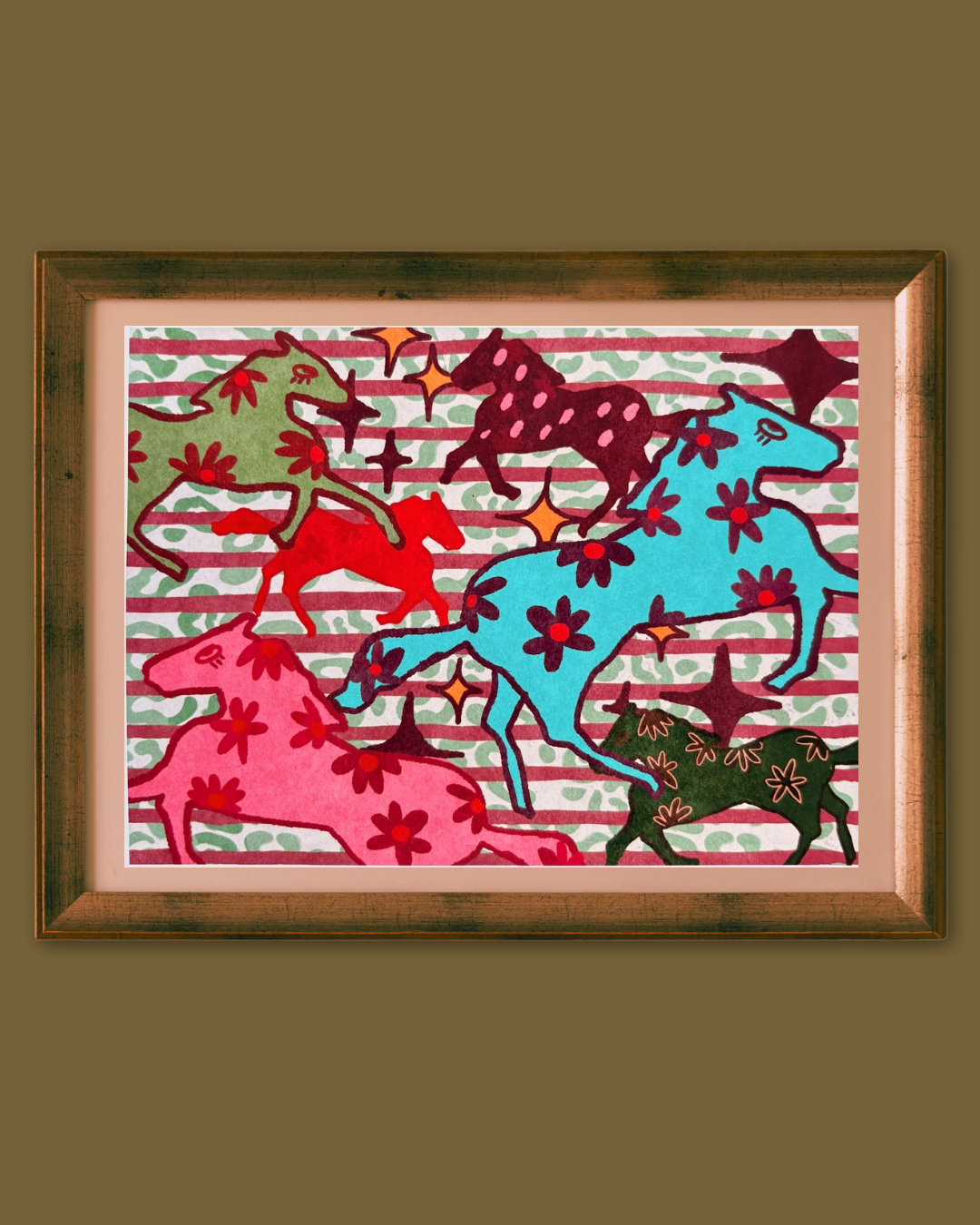 Western Rodeo Wall Art - Colorful Running Horses Print