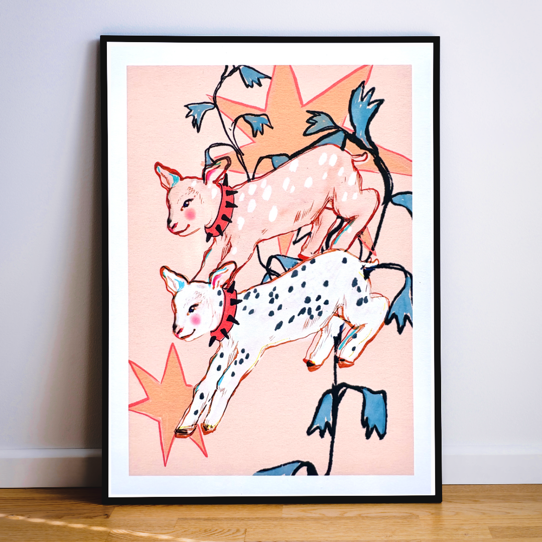 Celestial Lambs Wall Art: Whimsical Animals and Stars