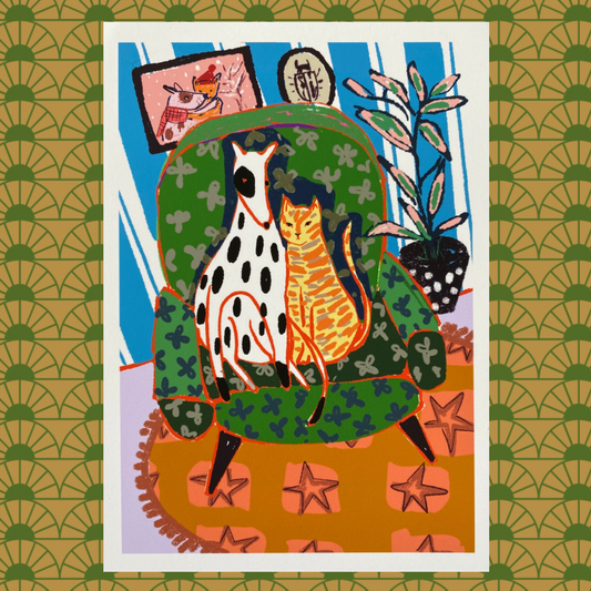 Dog and Cat Besties Armchair Print – Whimsical Animal Friendship Art