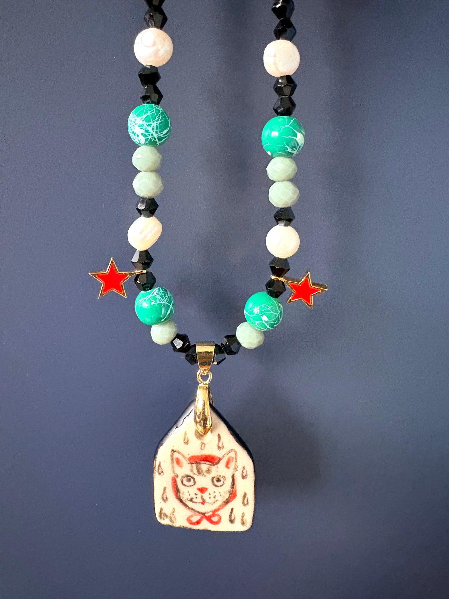 Cat with stars ceramic charm necklace