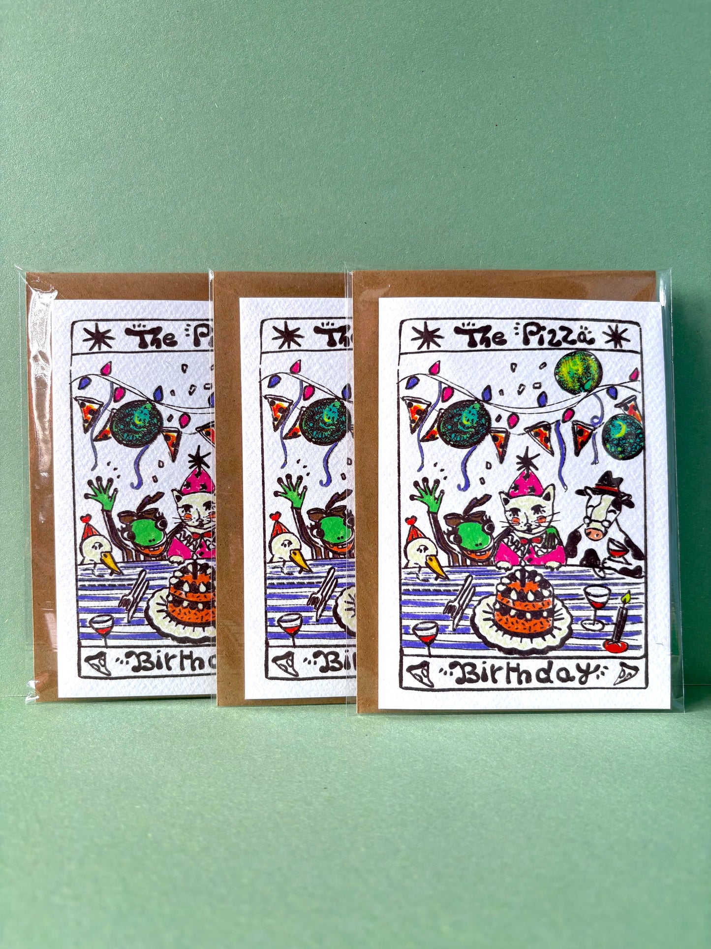 Whimsical Pizza Birthday Tarot Card with cat and other Animals