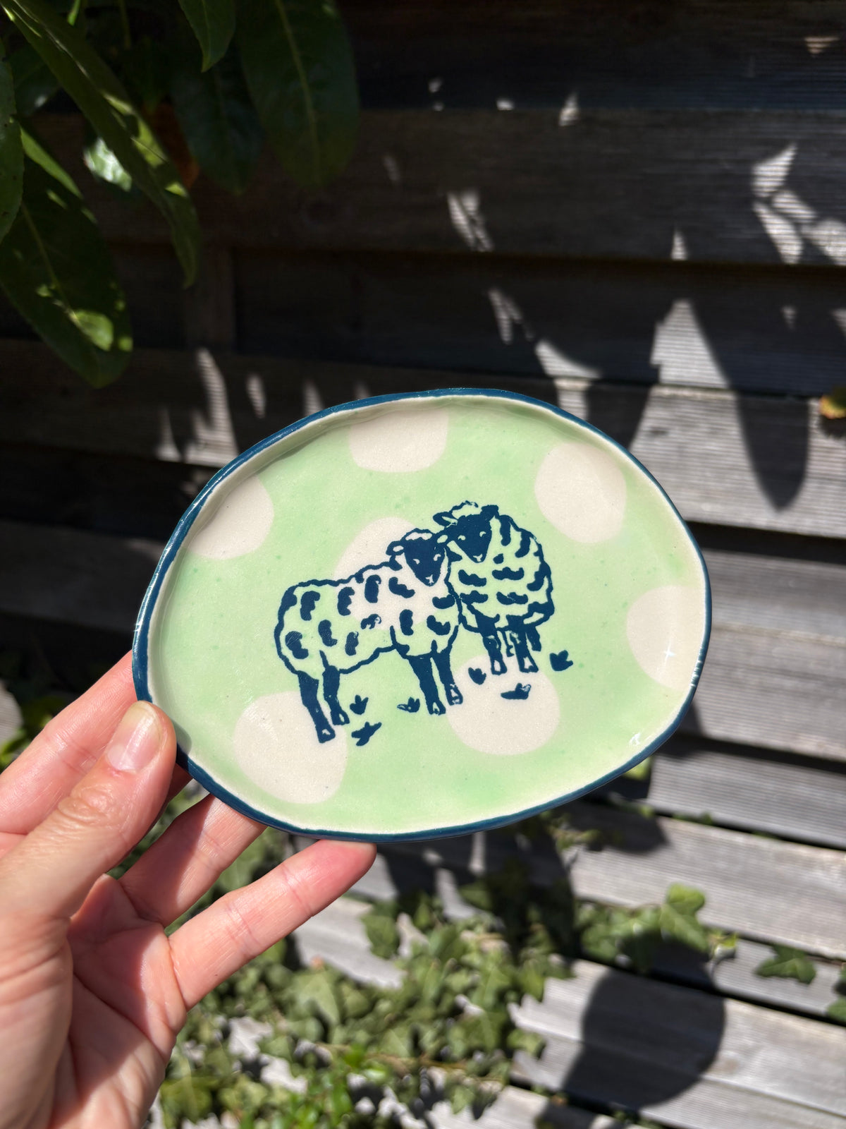 Handmade ceramic Espresso and cappuccino travel mugs and dish with sheep motif