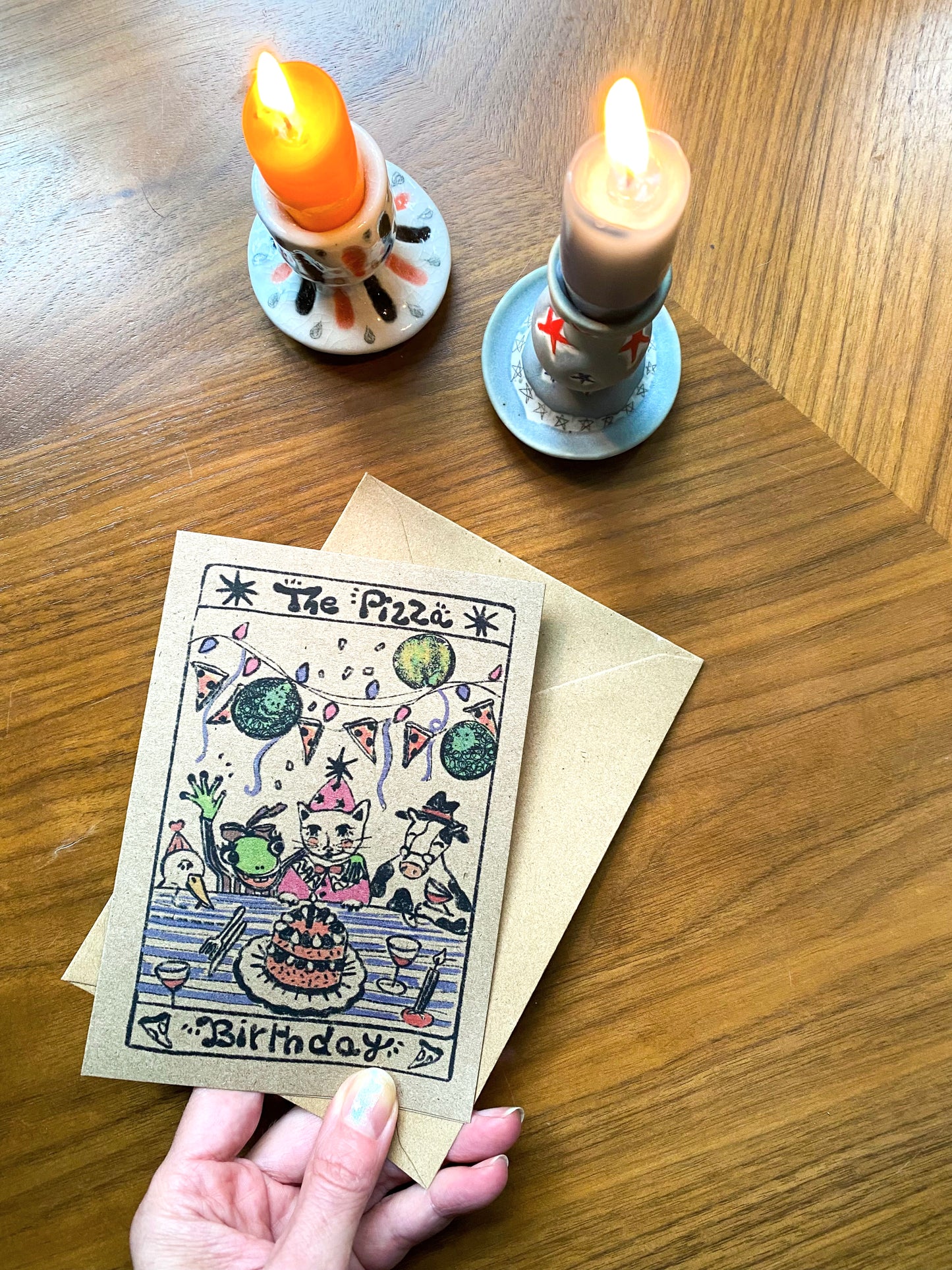 Whimsical Pizza Birthday Tarot Card with cat and other Animals