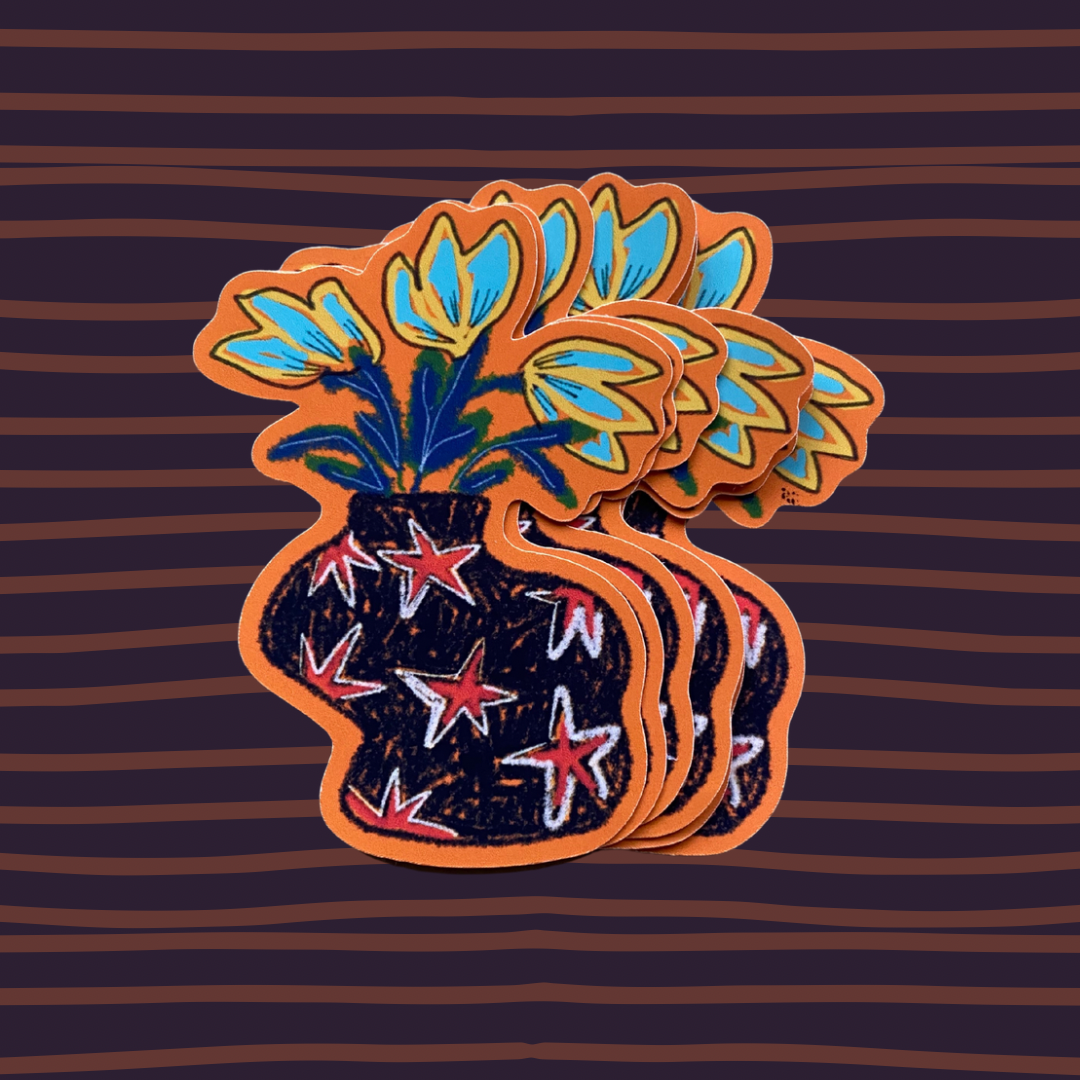 Whimsical Stickers: wolf with love mug, vase with tulips and mushrooms Design