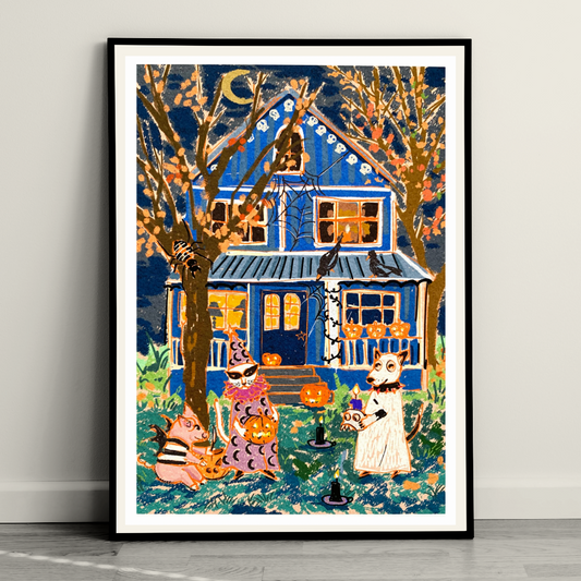 Halloween Party Art Print: Whimsical Ghost Dog, Wizard Cat & Spooky Animals
