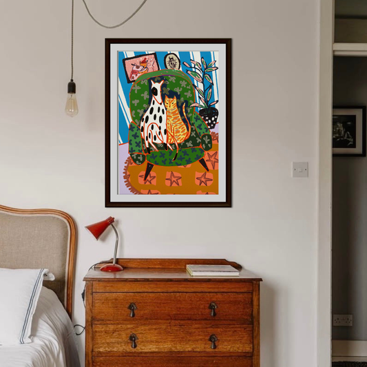 Dog and Cat Besties Armchair Print – Whimsical Animal Friendship Art