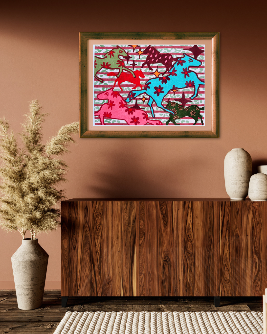 Western Rodeo Wall Art - Colorful Running Horses Print
