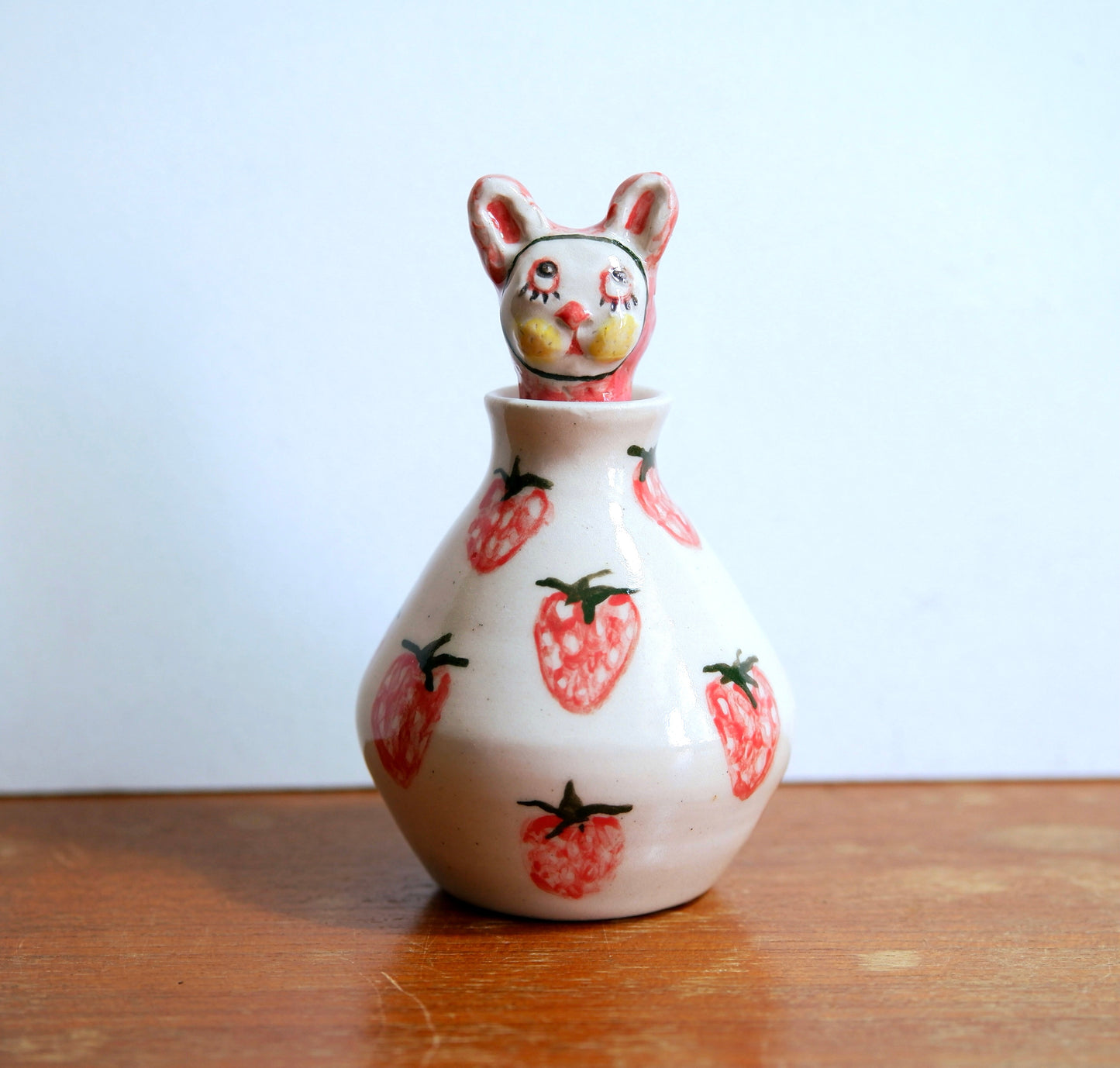 Adorable Handmade Ceramic BunnyPeek-a-boo in Strawberry Vase