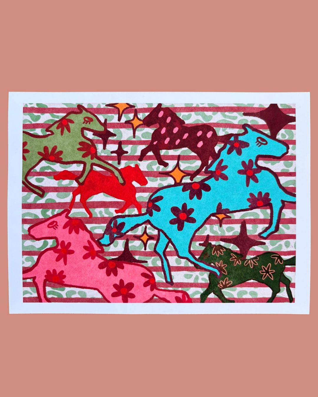Western Rodeo Wall Art - Colorful Running Horses Print