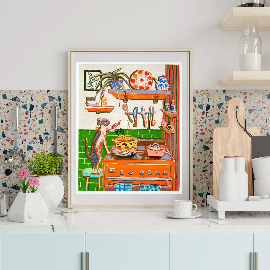 Whimsical Dinner Time Dog Art Print - Chef Kiss Wall Decor