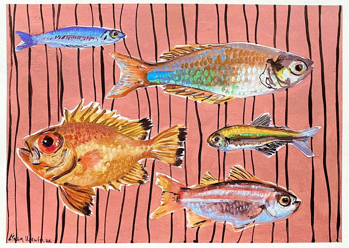 Quirky coastal decor: unique fish species art print in pink