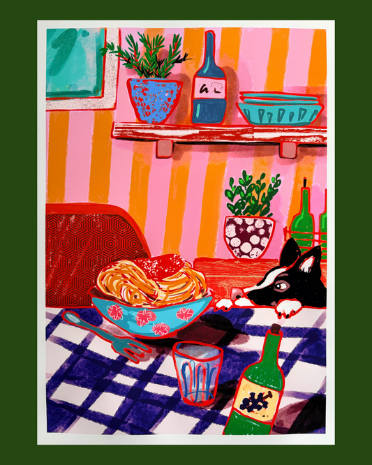 Spaghetti Doggo Art Print: Cheeky Pasta Dinner Illustration