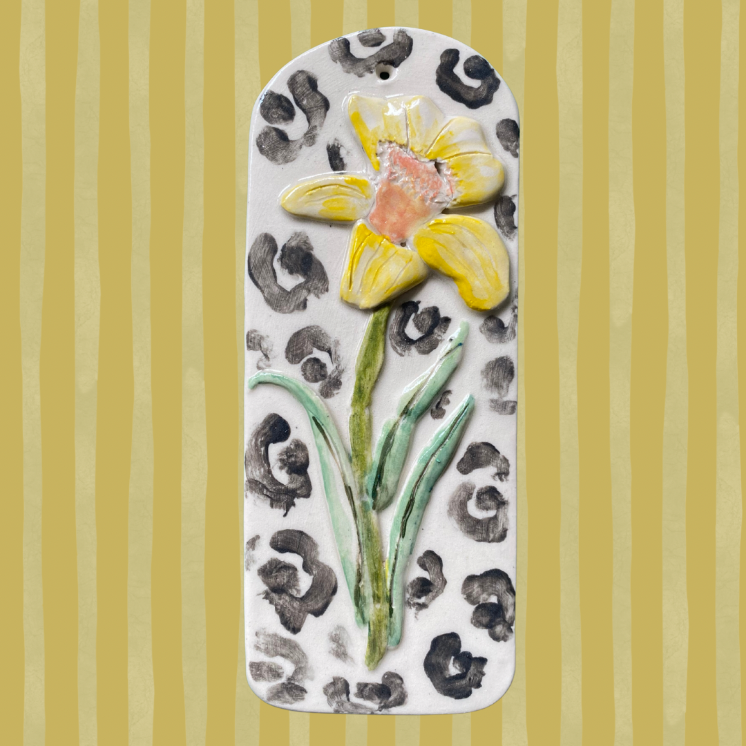 Handcrafted leopard print daffodil floral tile wall hanging