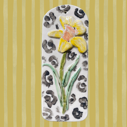 Handcrafted leopard print daffodil floral tile wall hanging