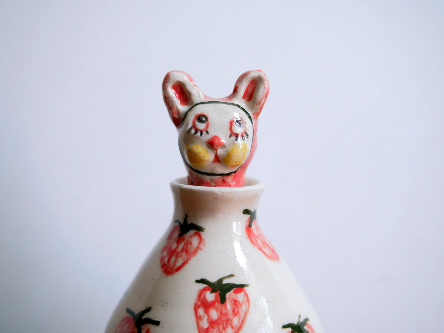 Adorable Handmade Ceramic BunnyPeek-a-boo in Strawberry Vase