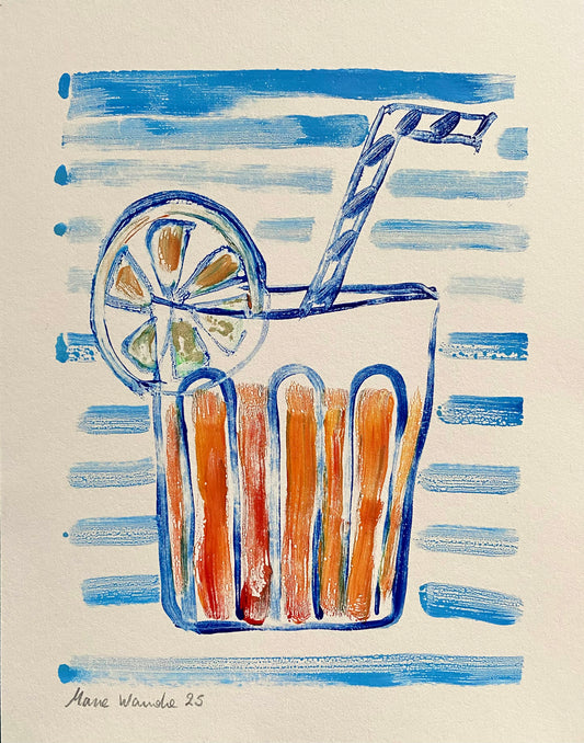 Handmade Negroni cocktail ink Monotype original print