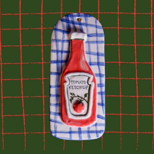 Ketchup and checks foodie lover ceramic wall hanging tile decor