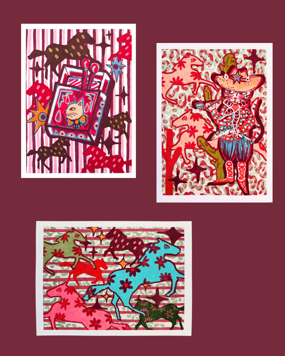 Whimsical Cat & Horses Matchbox art print
